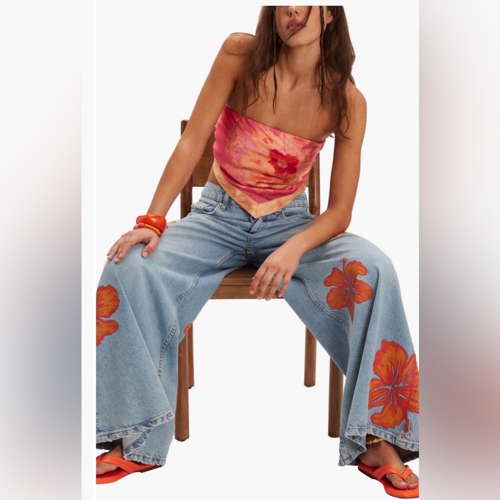 Free People Palisades Flower Power Wide Leg Jeans Size 30 - Picture 4 of 7